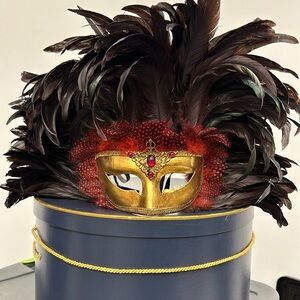 Elegant Feathered Gold and Red Mask